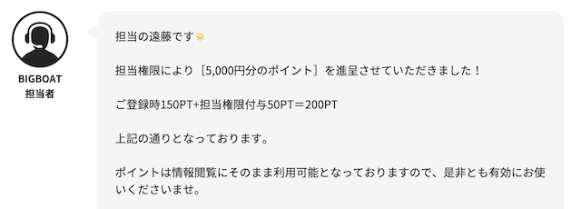 ビッグボートのポイント追加付与の問い合わせ内容