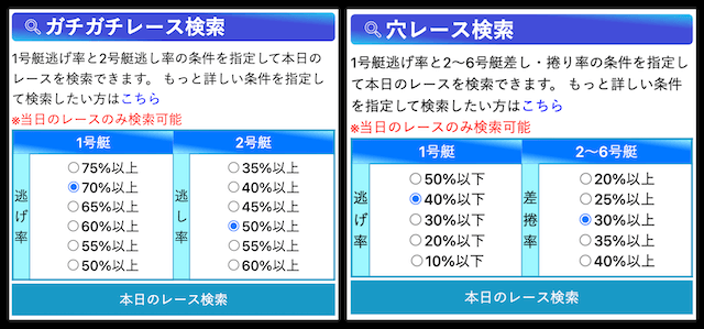 競艇日和のガチガチレース検索と穴レース検索