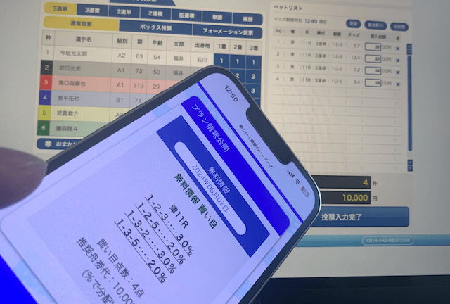 競艇予想サイトの買い目と投票画面