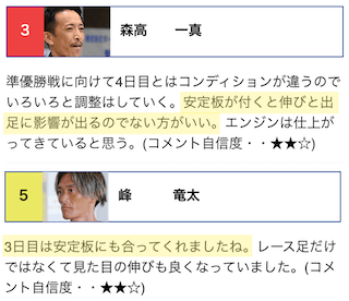 安定板に関する選手コメント