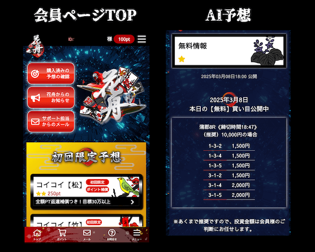花舟の会員ページとAI予想